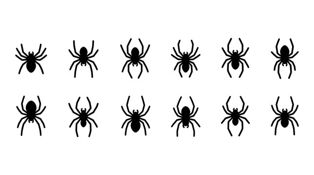 Group of scary black spider silhouettes with various leg positions, eight legs