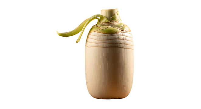 Rustic ceramic bottle with yellow ribbon isolated on transparent background