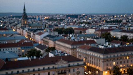 Obraz premium City skyline illuminated at dusk over historic rooftop neighborhood