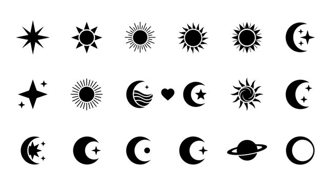 Moon and sun phase celestial icon set for astrology and design with celestial