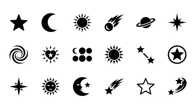Celestial and outer space black icon set on white background with celestial