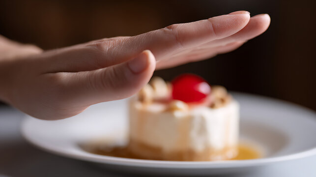 Human Hand Gesture Refuse Indulgent Dessert Cake with Cherry Topping, Concept Image for Diet, Willpower, Healthy Lifestyle, and Self-Control