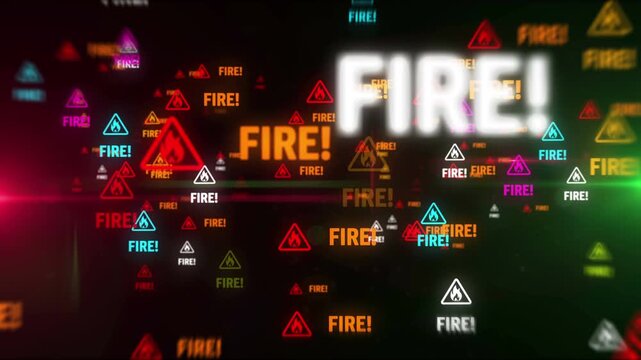 Fire alert symbol light flashing on screen. Fly between Flame danger warning icon. Loopable and seamless abstract concept.