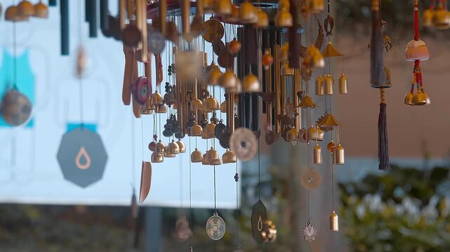 A multitude of shiny gilded tubular wind chimes with bells and engraved Hindu Om signs hang in a row and sway in the wind, producing melodic sounds
