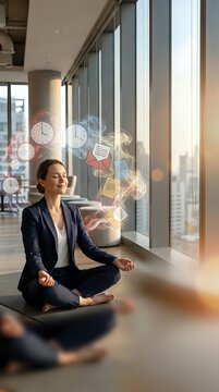 Calm businesswoman in a suit meditating in a modern office, surrounded by floating clocks and email icons, symbolizing work-life balance and stress relief.