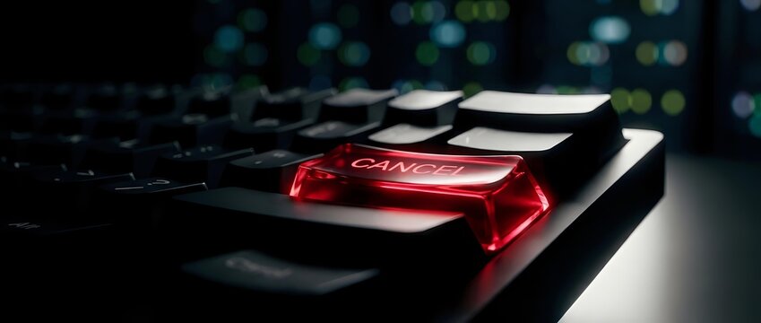 Glowing red cancel button on a dark mechanical keyboard, dramatic lighting, technology concept for cybersecurity, error, or abort action themes.