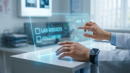 Obraz premium Business professional using futuristic holographic interface on transparent screen in office