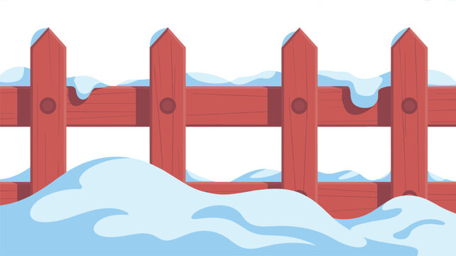 A rustic red-painted wooden fence stands against a winter backdrop with deep piles of soft snow accumulating along the bottom and top rails.
