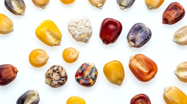 Colorful heirloom corn kernels arranged in a flat lay pattern on white background, showcasing natural variety in shades of yellow, red, purple, and multicolor.