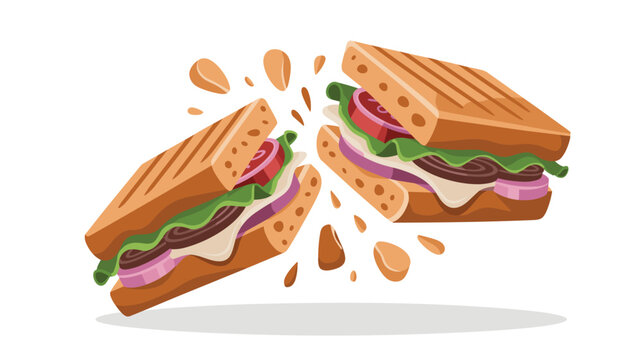Two halves of a crispy toasted panini sandwich collide in mid-air against a plain white background with scattered breadcrumbs in a clean vector art style.