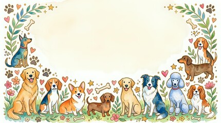 Fototapeta premium Adorable dogs of various breeds sitting together in decorative floral frame with paw prints and hearts on cream background for pet lovers designs.