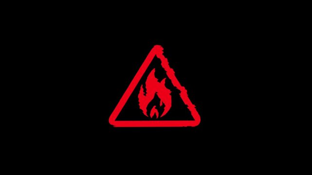 Fire alert symbol light flashing on screen. Flame danger warning icon on display. Loopable and seamless abstract concept with noise and modern glitch.