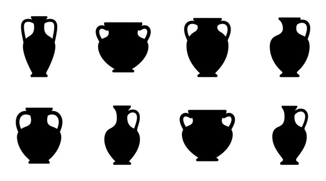 Assorted antique ceramic jugs and amphora vessels in silhouette with ceramics