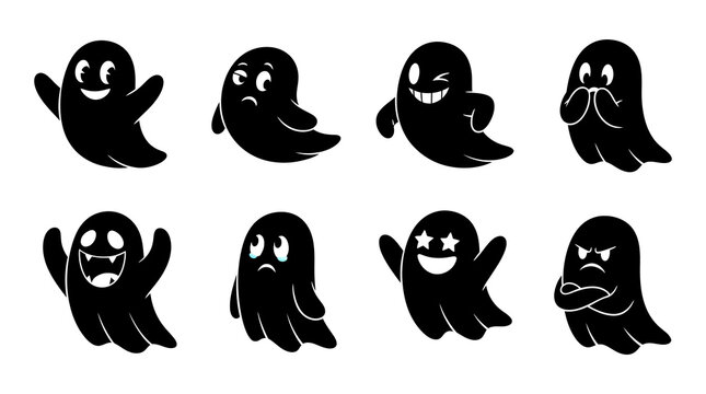 Set of cartoon ghost silhouette illustrations with silhouette, halloween