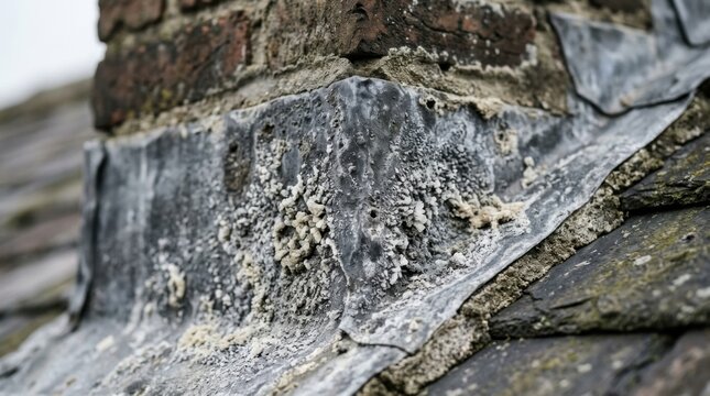 Close-up of weathered lead flashing around a chimney on a slate roof.