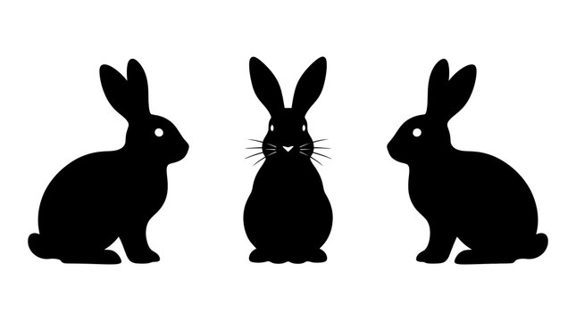 Set of black rabbit silhouettes facing forward and sideways with silhouette