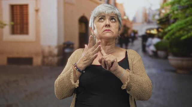 Woman counting fingers with hand near chin on a cobblestone street beside planters and buildings, wearing cardigan and bracelet; thoughtful.
