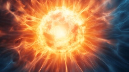 Fototapeta premium Fiery central orb erupting with intense orange-red energy and glowing plasma, radiating streams against dark, cool blue wisps. Abstract cosmic power and stellar dynamics., Plasma,