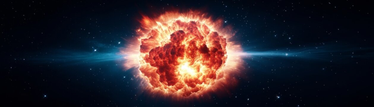 Explosive Stellar Demise Vibrant red-orange supernova with a powerful blue energy beam cutting through a starlit cosmic expanse, symbolizing universal power. Astrophysics, Cataclysm