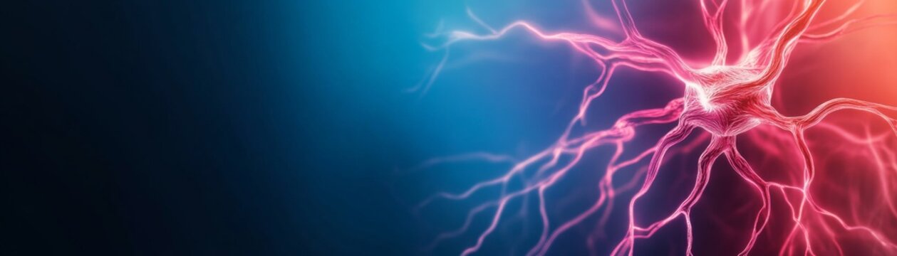 Glowing red 3D neuron with energetic tendrils on a blue-gradient backdrop, symbolizing active brain signals, thought processes and neural networks. Brain, Connect