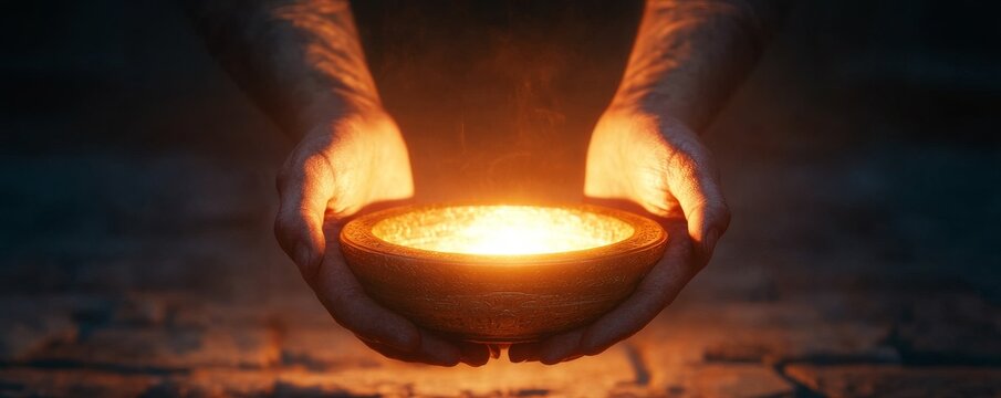 Hands cradle an ornate, glowing bowl emitting intense golden light, casting warmth in profound darkness. A mystical beacon, it symbolizes sacred energy and life. Ritual, Hope