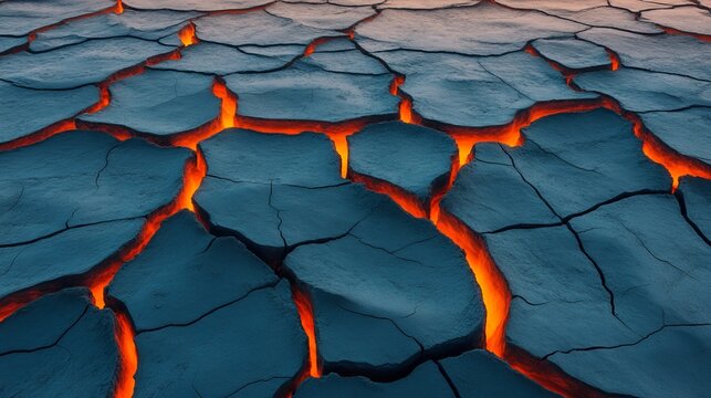 High-angle shot dramatic cracked earth with vibrant orange magma glowing through deep fissures, forming an abstract pattern of extreme heat and cool surface. Volcanic, Geothermal