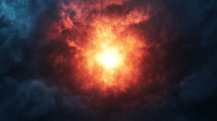 Fototapeta premium Intense central burst of radiant light piercing through dark, fiery clouds, evoking a powerful cosmic explosion or celestial birth. Dynamic, dramatic. explosion, energy