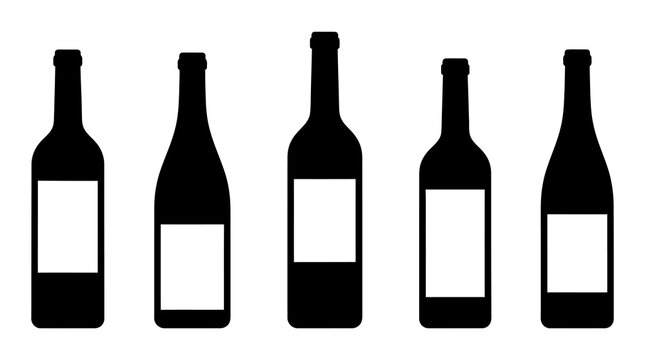 Set of five wine bottle silhouettes with blank rectangular labels, silhouette