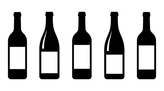 Set of five wine bottle silhouettes with blank rectangular labels, silhouette