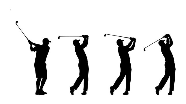 Black silhouettes of four male golfers executing swing with silhouette, exercise
