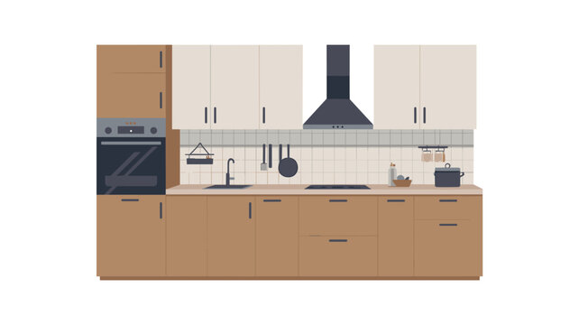 A modern kitchen interior features light cabinets, a dark stove hood, and brown wooden lower cupboards with built-in appliances against a tiled white wall.