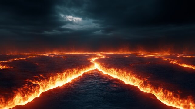 Low-angle view Molten lava glows brightly from deep cracks in dark volcanic terrain under a dark, foreboding sky, a powerful depiction of Earth's fiery core. Volcanic, Geothermal