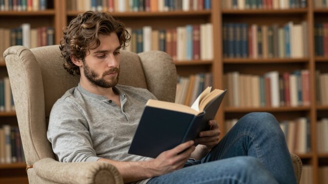 Young man reading book while seated in library armchair