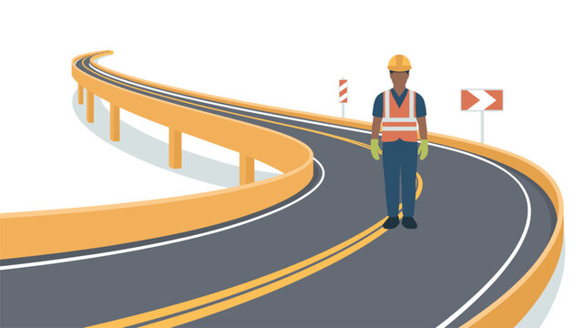 A construction employee in a safety uniform stands on a curved elevated highway bridge with protective yellow guardrails against a minimalist plain white background.