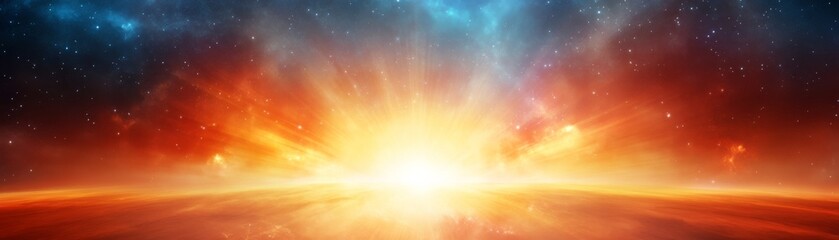 Naklejka premium Panoramic cosmic creation A brilliant golden explosion erupts from a fiery horizon into a starlit blue-red nebula, embodying genesis and power. ,Space,Abstract