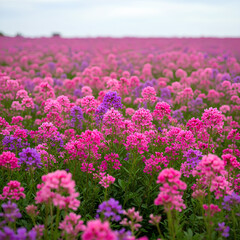 Obraz premium Vibrant field of pink and purple wildflowers under a cloudy sky.
