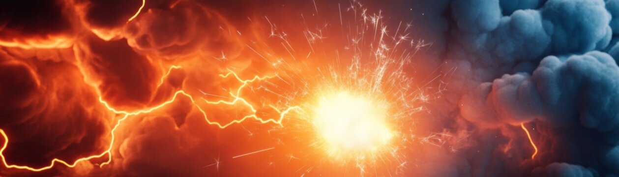 Panoramic Battle of Elements Fiery Red Storm and Icy Blue Clouds with Central Explosive Spark and Electrifying Lightning. Dynamic Energy Clash. Abstract, Power