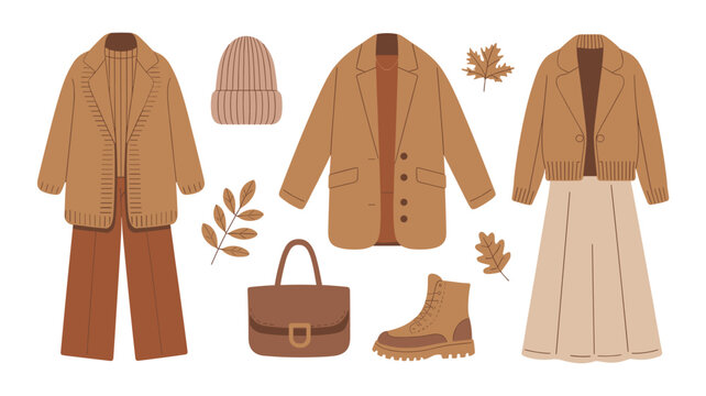 A collection of autumn fashion essentials including a beige knit hat, a brown winter coat, a long skirt, a handbag, and leather boots lies on white background.