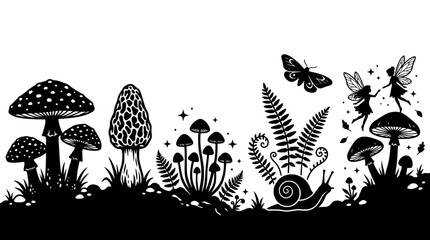 Whimsical Cottagecore Forest Silhouette Set with Mushrooms, Fairies, and Woodland Nature Elements for Scrapbooking and Crafting © prettygfx