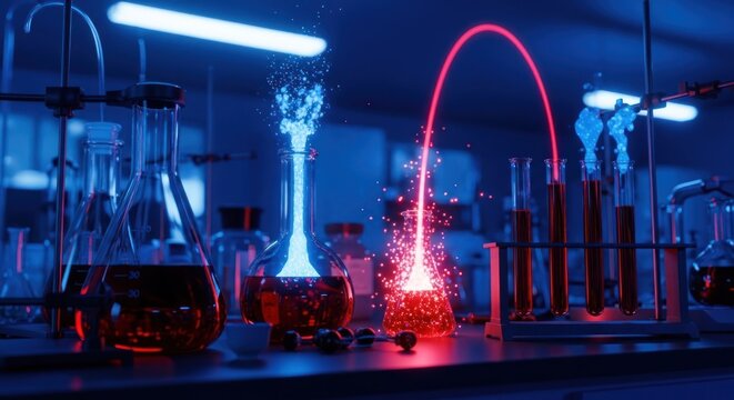 Science lab experiment, glowing flasks, energy transfer