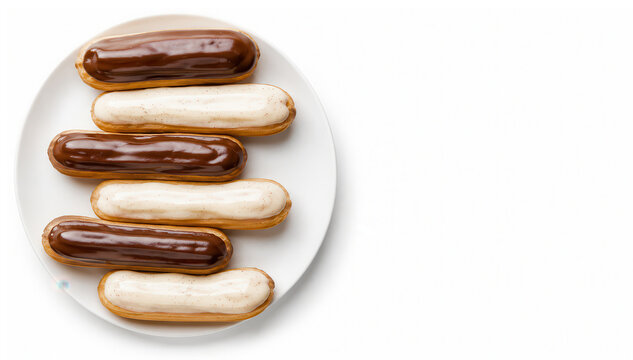 &Eacute;clair francesi con glassa al cioccolato e vaniglia su piatto bianco. Generative AI 