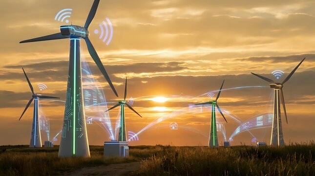 Wind turbines generating renewable energy with wireless connectivity symbols at golden sunset over green field for sustainable technology concepts.