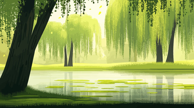 Serene watercolor of lush green trees and tranquil pond in sunlight