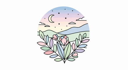Fototapeta premium Moonlit Floral Night Sky Landscape.