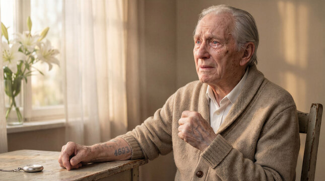Elderly man sitting thoughtfully at table by window with flowers  
