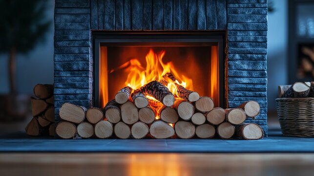 Cozy Fireplace Ambiance: A warm, inviting fireplace creates a focal point in a serene room, its flames dancing amidst neatly stacked firewood, exuding warmth and comfort.