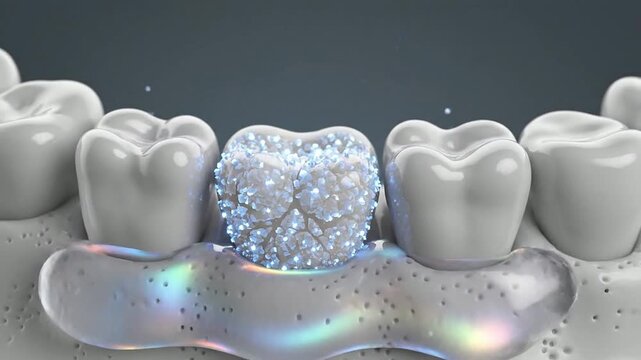 3D Animated Dental Cavity Filling Process With Glowing Heart-Shaped Filling Between Teeth In A Glossy White Background