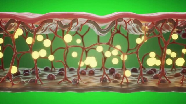 3D Animation of Intricate Capillary Network and Glowing Particles Within Human Tissue on Vibrant Green Background