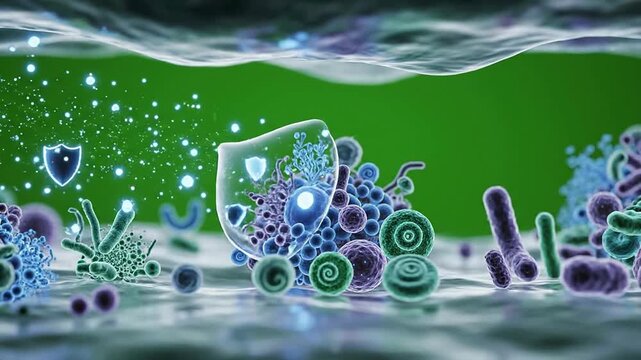 3D Animation of Microorganisms Including Bacteria and Viruses Interacting in a Vibrant Biological Environment on a Green Chroma Key Background