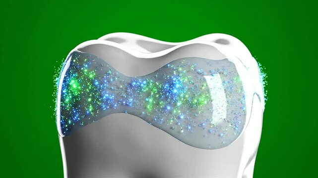 3D Illustration of a Healthy Tooth with Protective Glittering Layer on Green Background for Dental Care Concept